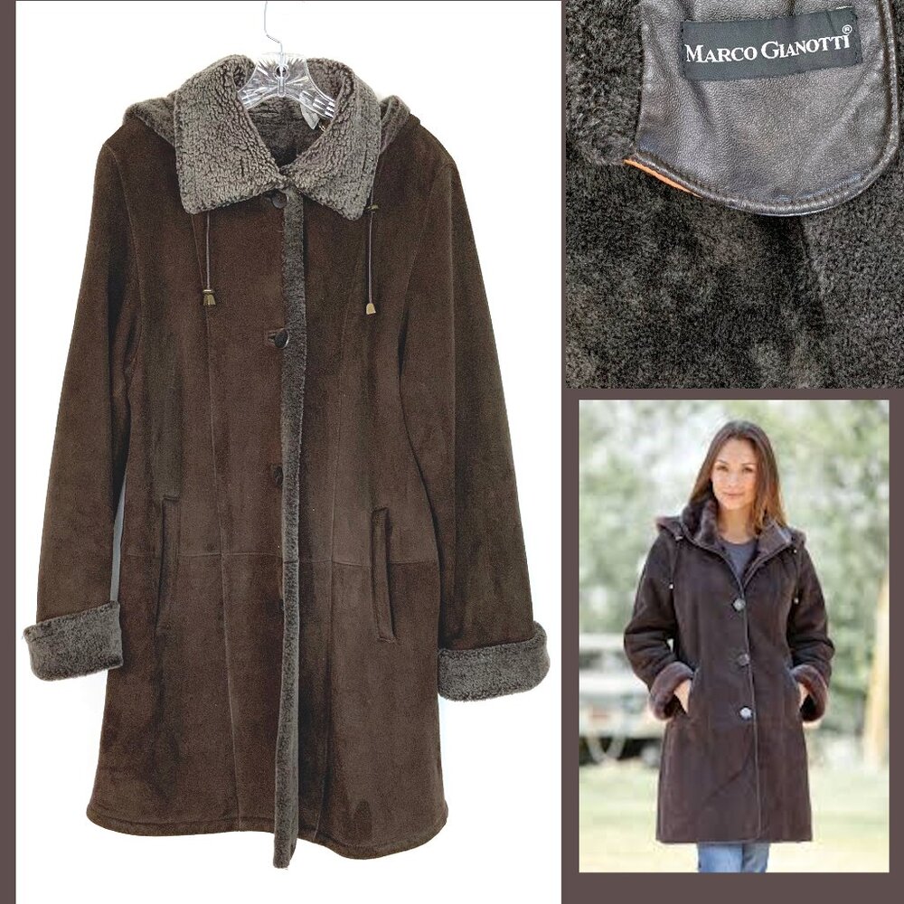 Marco Gianotti Macy's Brown Genuine Sherling Hooded Coat Sz 8